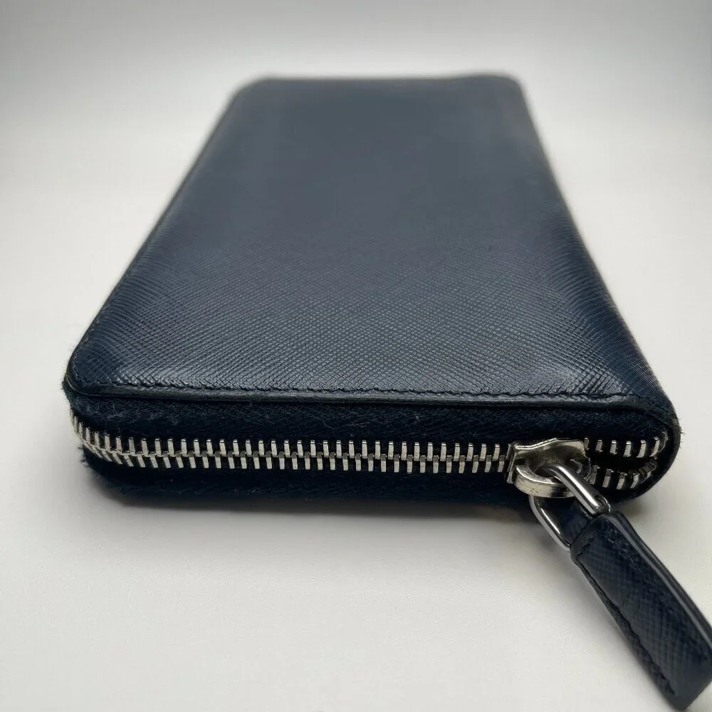 Prada 2ML317 Saffiano Leather Zip Around Wallet - Dark Blue - Preowned
